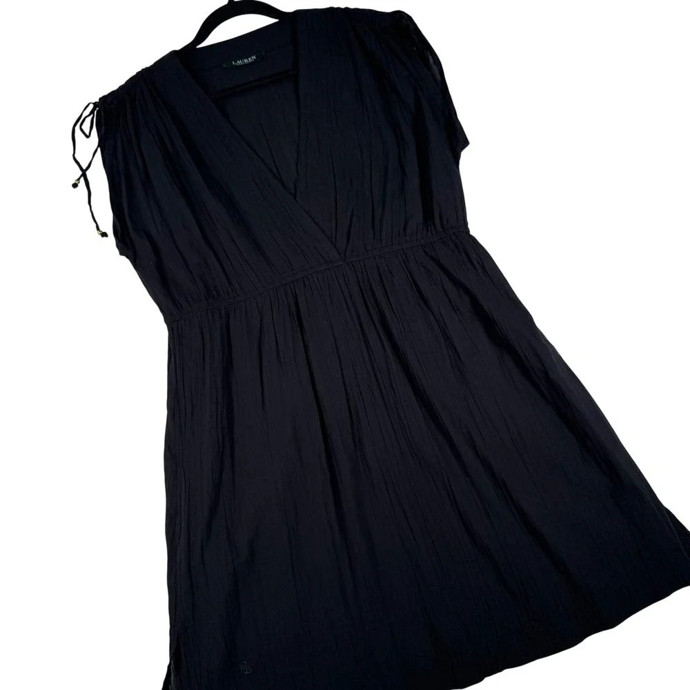 Lauren Ralph Lauren Black Gauze V-Neck Empire Waist Boho Dress L XL 21.5 P2P